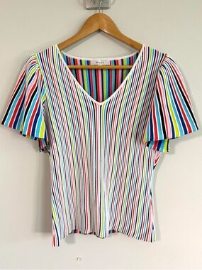 Milly Ribbed Knit Multicolor Striped V-Neck Flutter Sleeve Top Women’s Size M